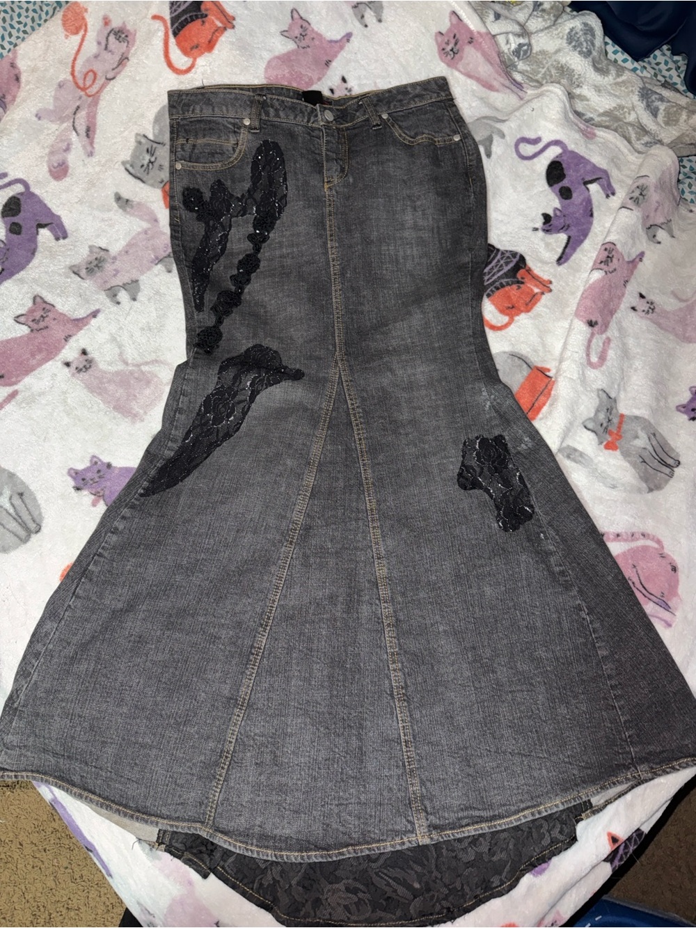 Bisou Bisou Black Grunge Denim Mermaid Maxi Skirt with Lace Appliqué Fairycore